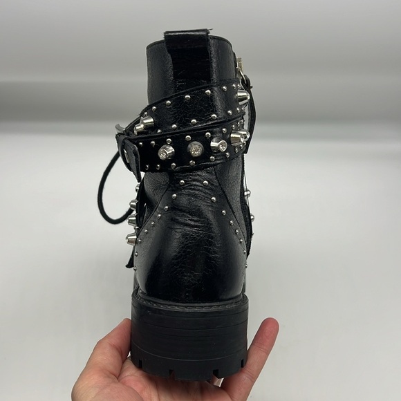 Zara - Black Leather Bejeweled Criss Cross Lace Up Biker Ankle Boot Size 6 - Picture 10 of 14